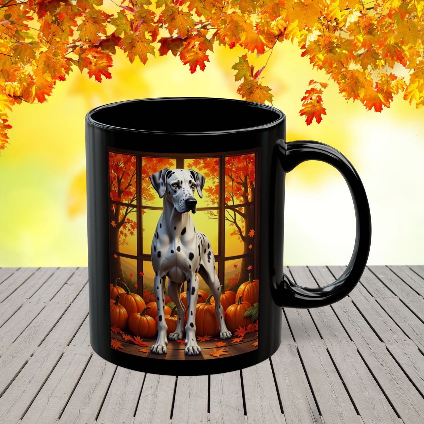 Great Dane Harlequin - Autumn mug, seasonal coffee cup for fall dog parents and Great Dane lovers