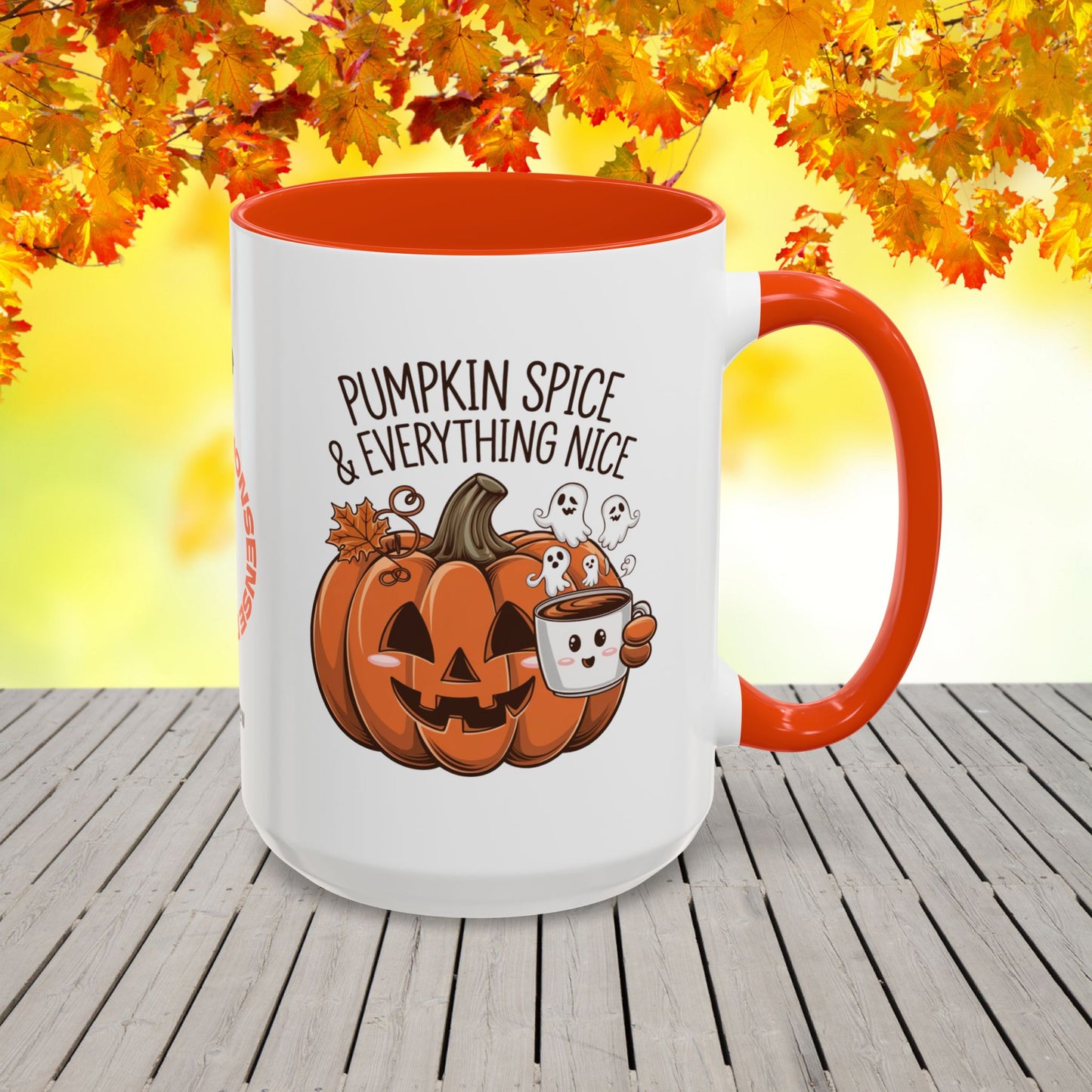 Festive Halloween coffee mug with “Pumpkin Spice & Everything Nice” phrase, promoting positivity and emotional wellness