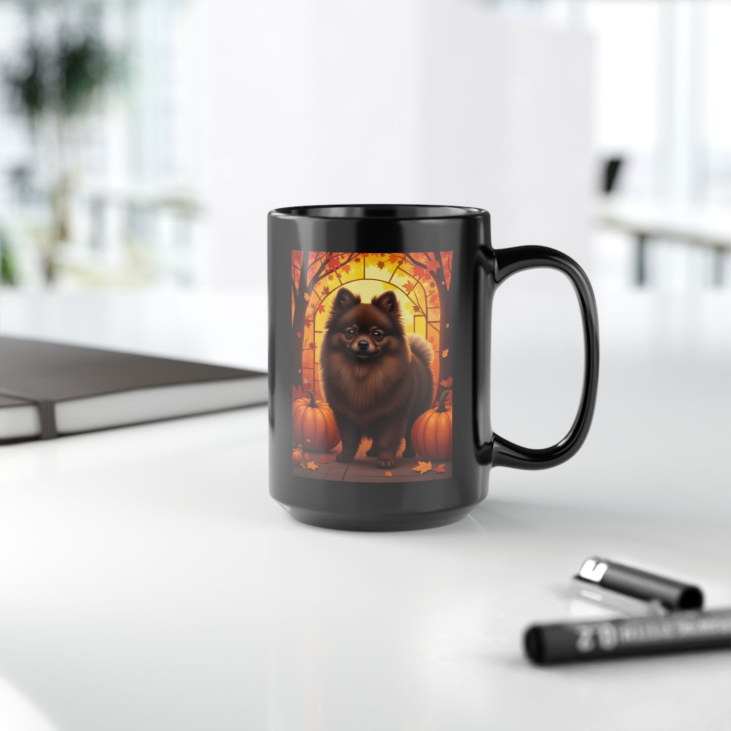 Chocolate Pomeranian autumn coffee mug, custom name dog lover gift for cozy seasonal drinks