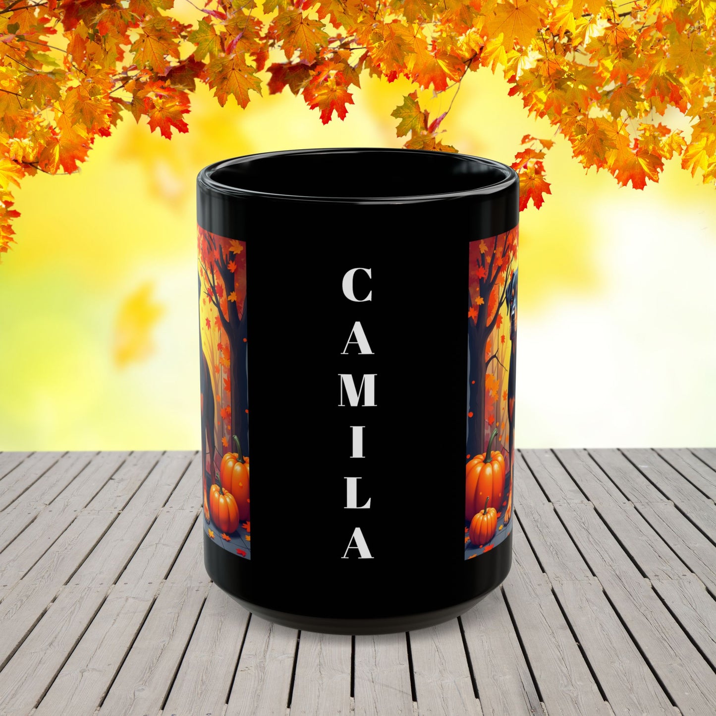 Black and Tan Rottweiler personalized mug, fall-themed coffee cup for dog lovers, cozy autumn drinkware gift