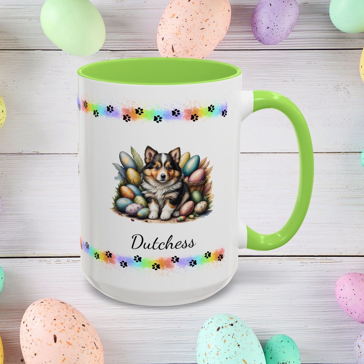 Shetland Sheepdog Easter puppy coffee mug personalized cute dog design, great for mindful mornings and Easter décor.