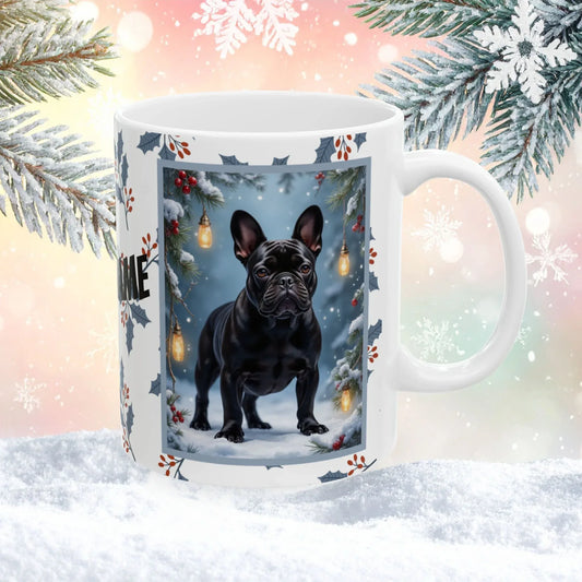 Shop our french bulldog black winter lodge mug featuring the 15oz style option from MySisterIsASurvivor.
