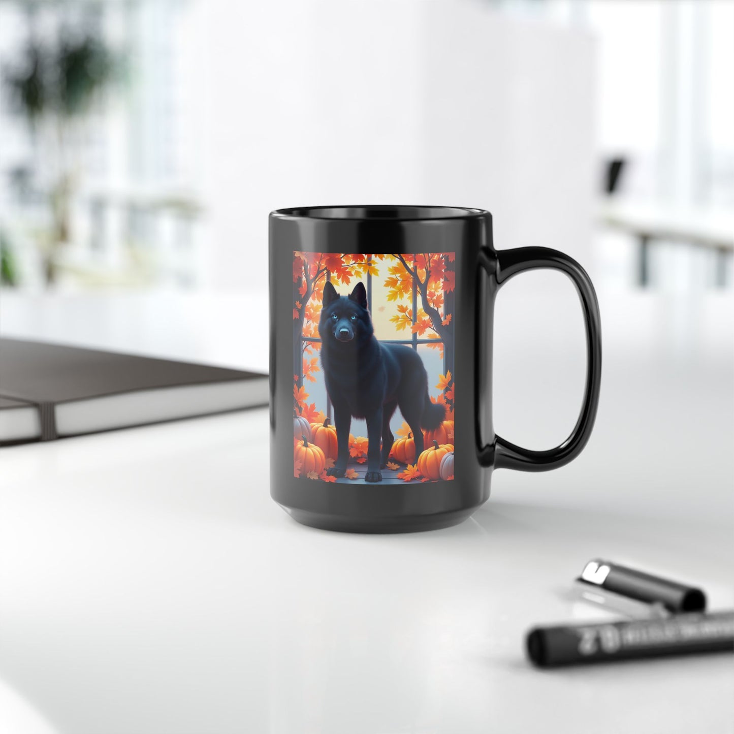 Black Siberian Husky (Blue Eyes) fall mug, custom coffee cup for Husky owners and pet parents