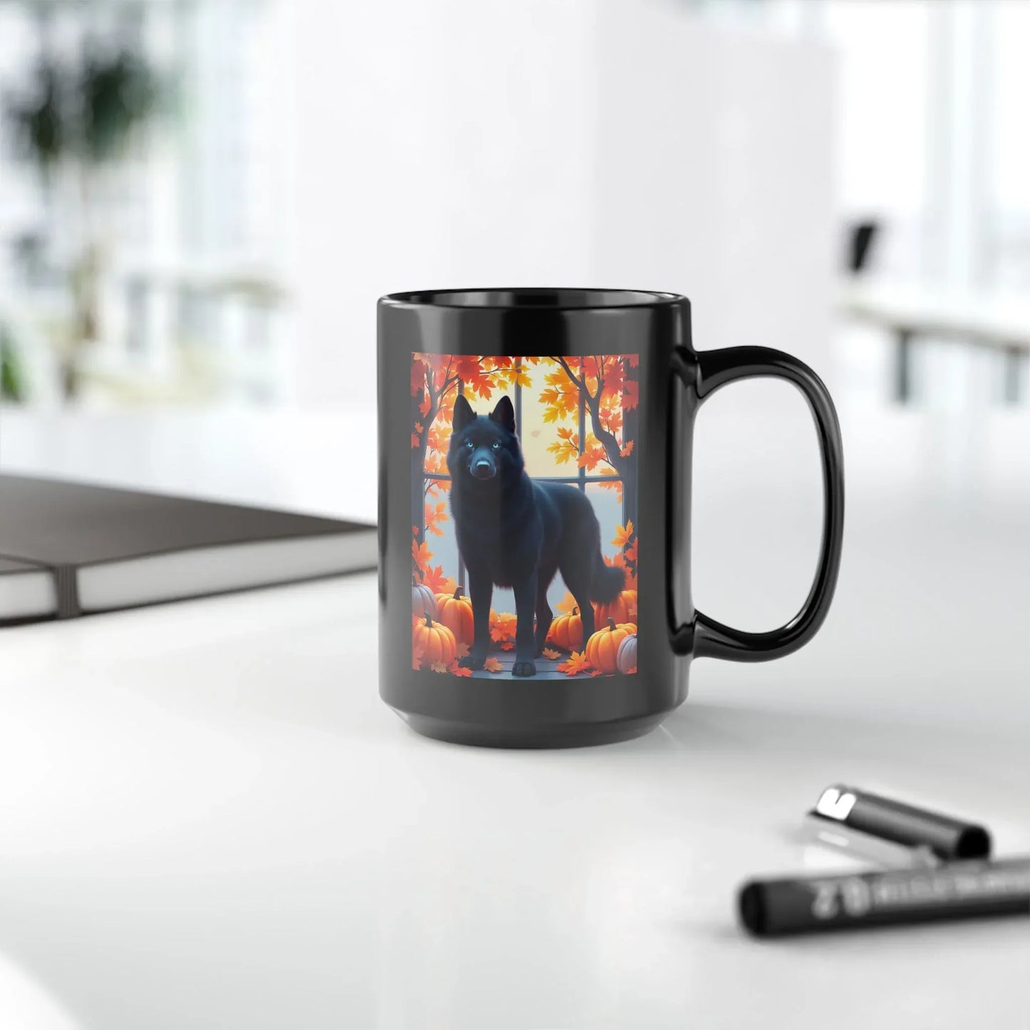 Shop our premium black siberian husky blue eyes autumn black mug from MySisterIsASurvivor.