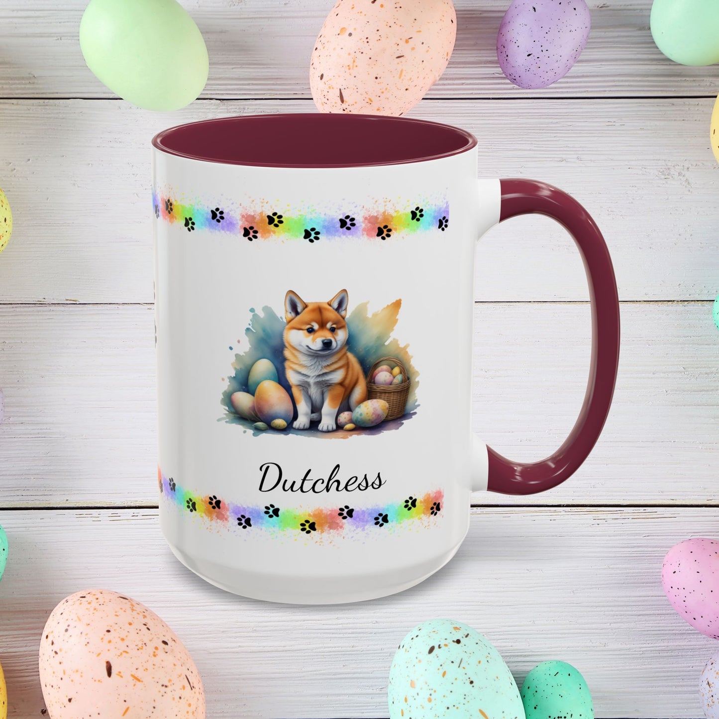 Shiba Inu Easter puppy coffee mug personalized for dog lovers, perfect for mental health support and Easter happiness.