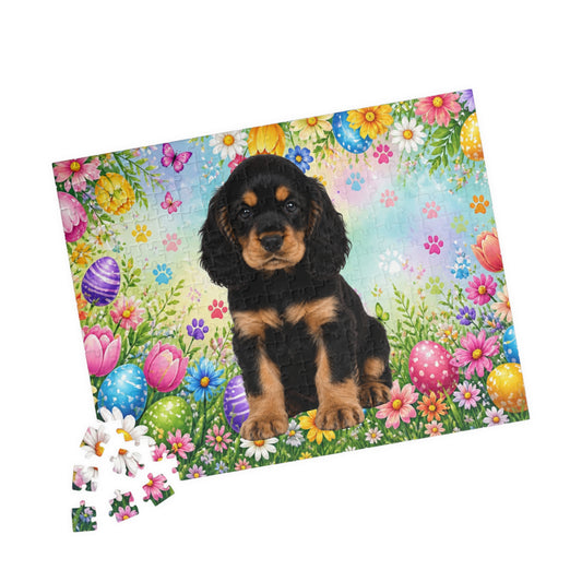 American Cocker Spaniel (Black & Tan) Easter Puppy Puzzle - Spring Garden with Eggs, Tulips, and Daisies