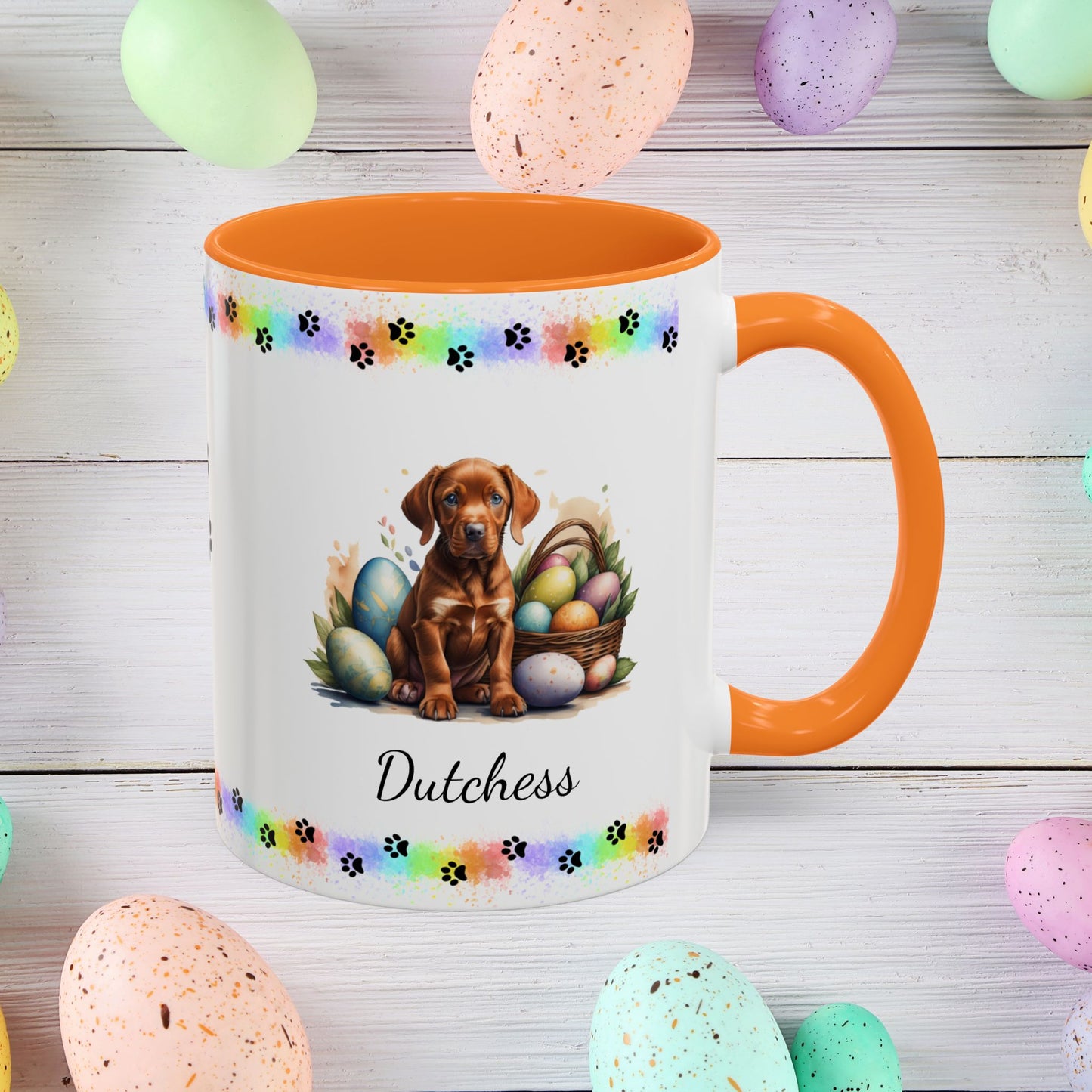 Vizsla Easter puppy coffee mug personalized adorable dog lover gift, great for mindful self-care and Easter gifting.