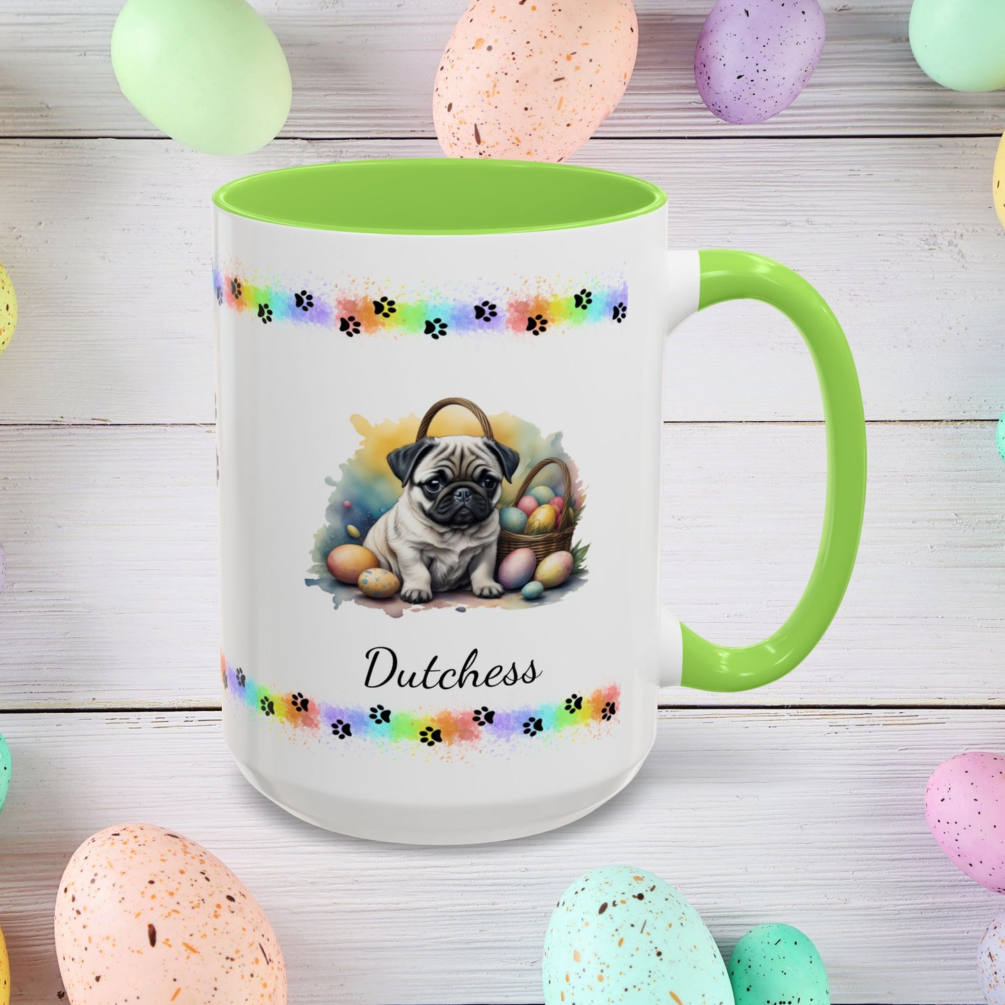 Sweet Pug Easter puppy coffee mug personalized for dog lovers, uplifting mental health and spreading Easter cheer.