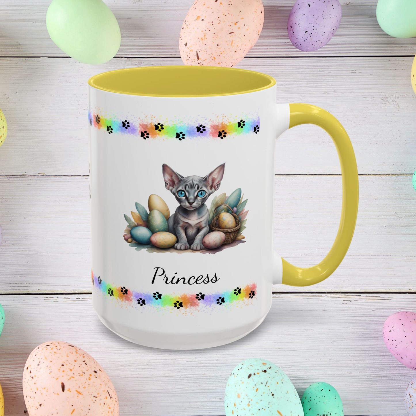 Sphynx personalized Easter coffee mug, adorable kitten design, cute cat gift for mental health support
