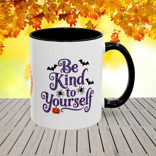 Shop our be kind to yourself halloween affirmation mug featuring the 11oz style option from MySisterIsASurvivor.