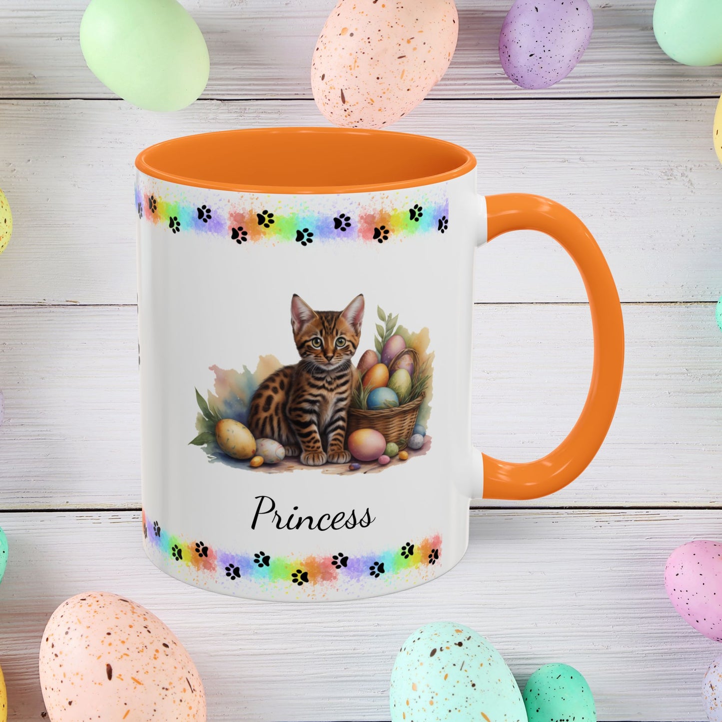 Bengal personalized Easter coffee mug, adorable kitten design, cute cat gift for mental health awareness and comfort