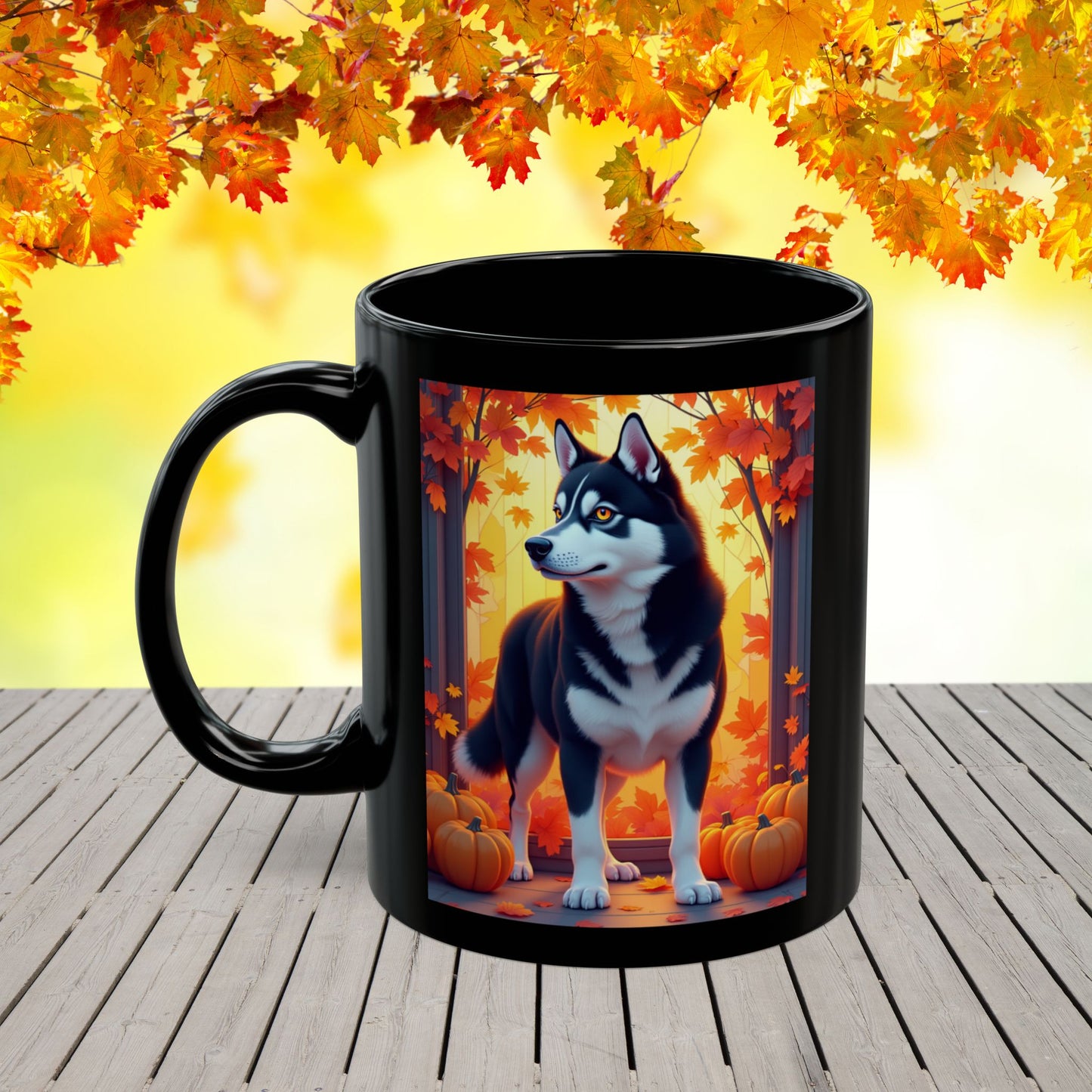 Black & White Husky (Amber Eyes) autumn mug, personalized dog owner gift for cozy fall coffee or tea