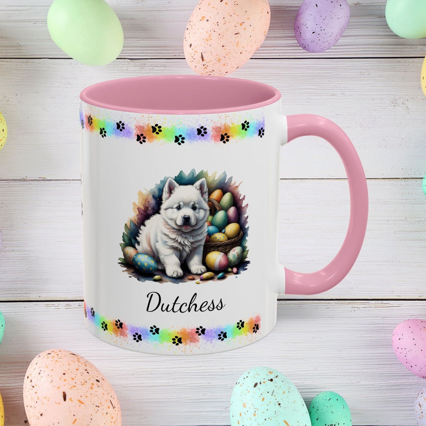 Samoyed Easter puppy coffee mug personalized dog design, cozy mental health gift for spring and daily mindfulness.