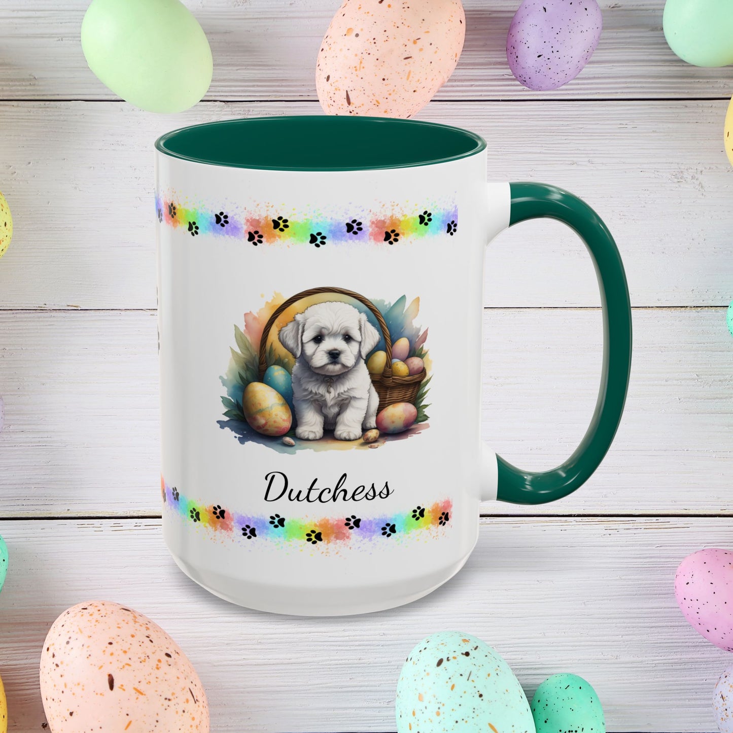 Bichon Frise personalized Easter puppy mug, cute dog coffee cup gift for mental health awareness and comfort
