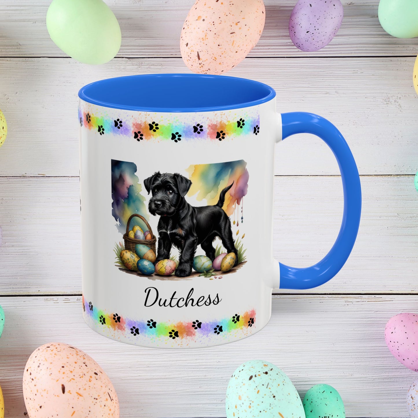 Black Schnauzer Easter puppy coffee mug personalized dog lover gift, promoting peace, positivity, and emotional wellness.