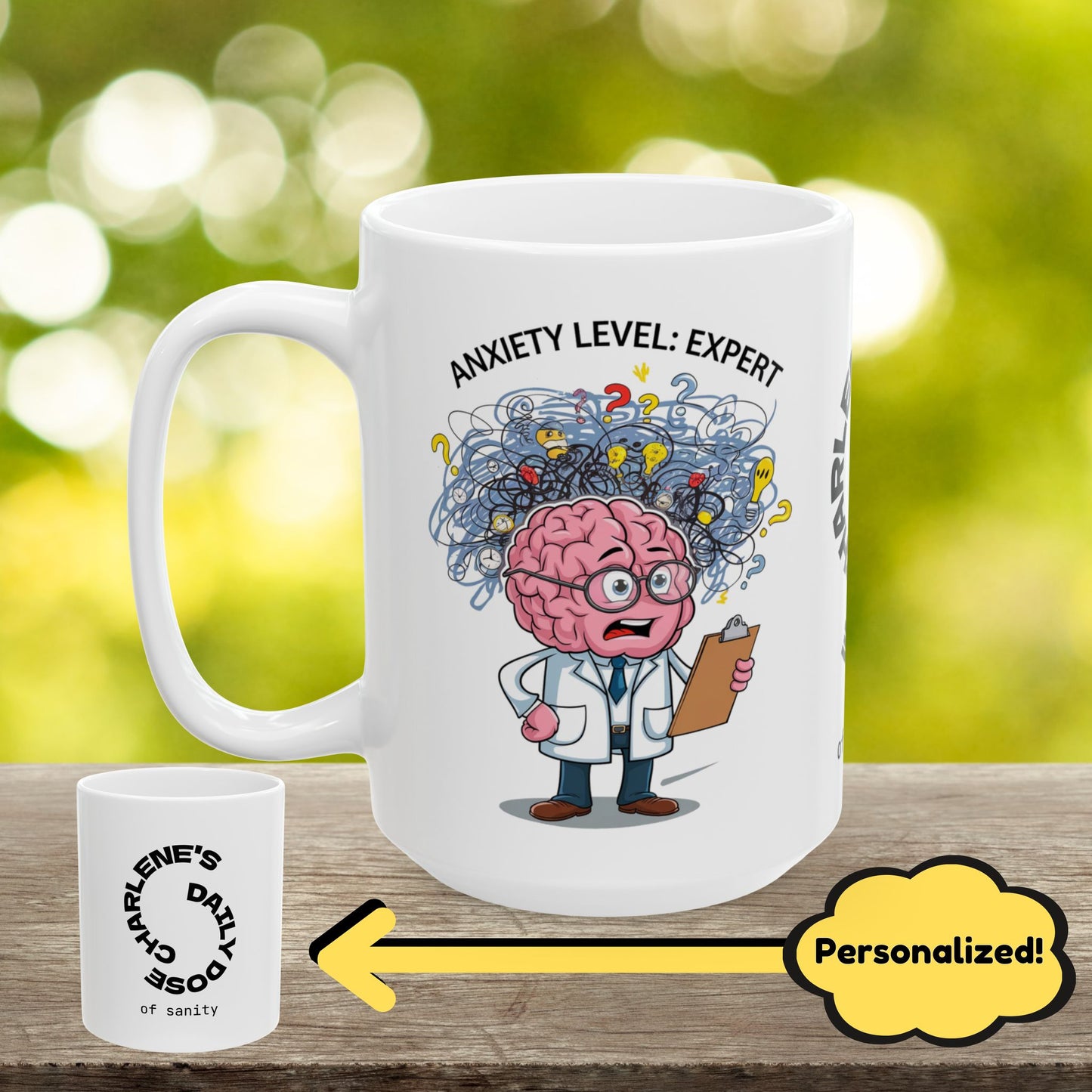 "Anxiety Level: Expert" funny mental health mug with affirmations for anxiety relief and self-care.