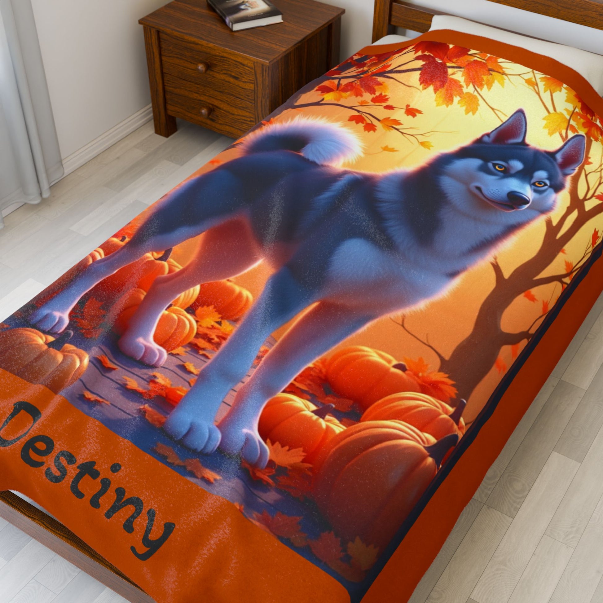 Siberian Husky Dark Grey Coat (Amber Eyes) Velveteen Plush Blanket, Custom Dog Throw