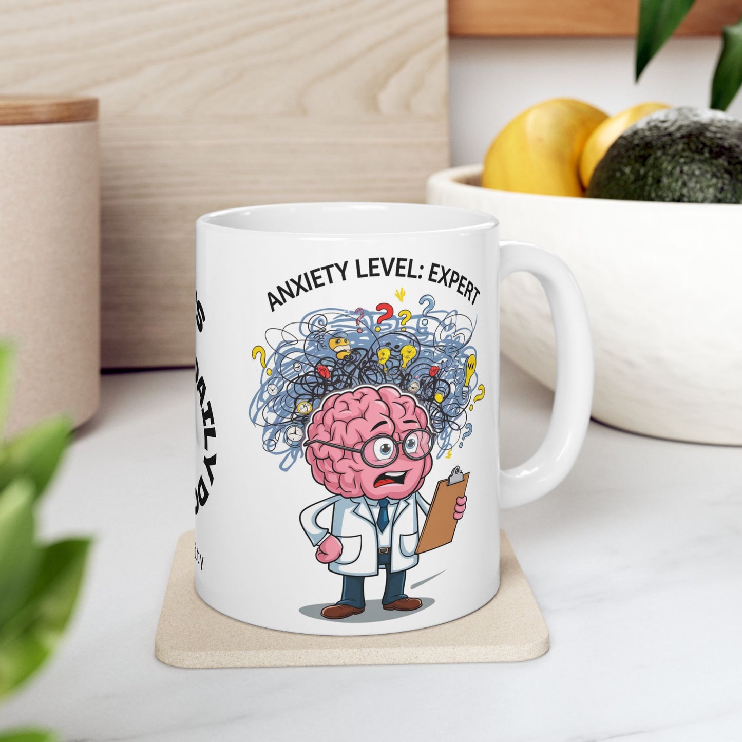 "Anxiety Level: Expert" funny mental health mug with affirmations for anxiety relief and self-care.