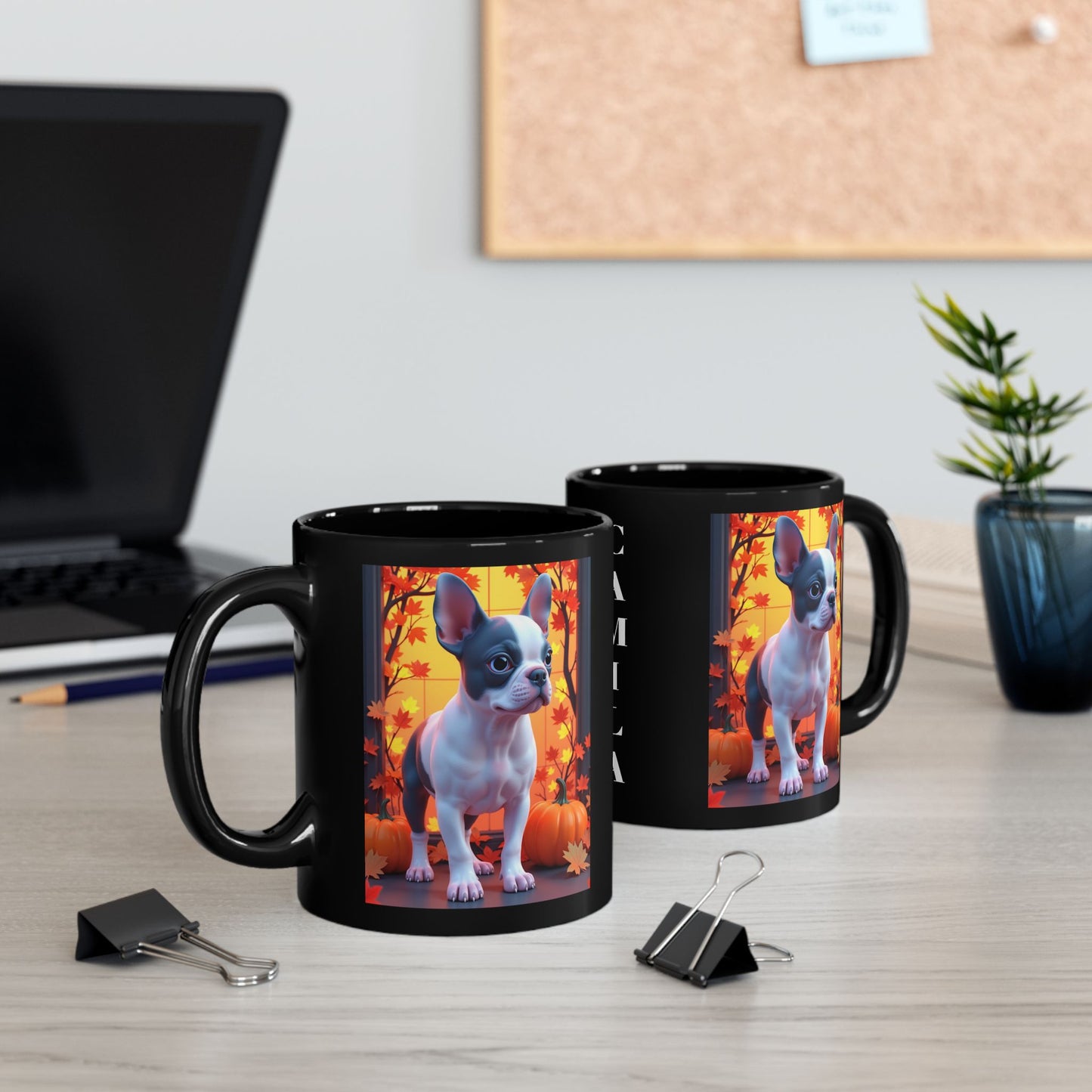 Blue Pied French Bulldog Autumn Black Mug - Seasonal dog lover gift coffee cup