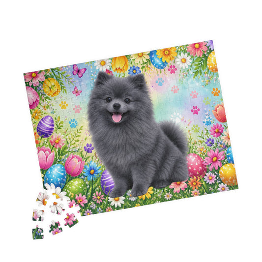 Pomeranian (Blue) Easter Puppy Puzzle - Spring Garden with Eggs, Tulips, and Daisies