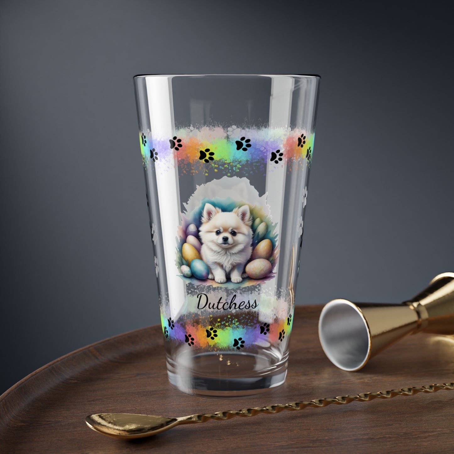 Pomeranian (White) Personalized Easter Puppy 16oz Pint Glass - Custom Dog Design, Mental Health Gift, Easter Décor, and Festive Celebrations
