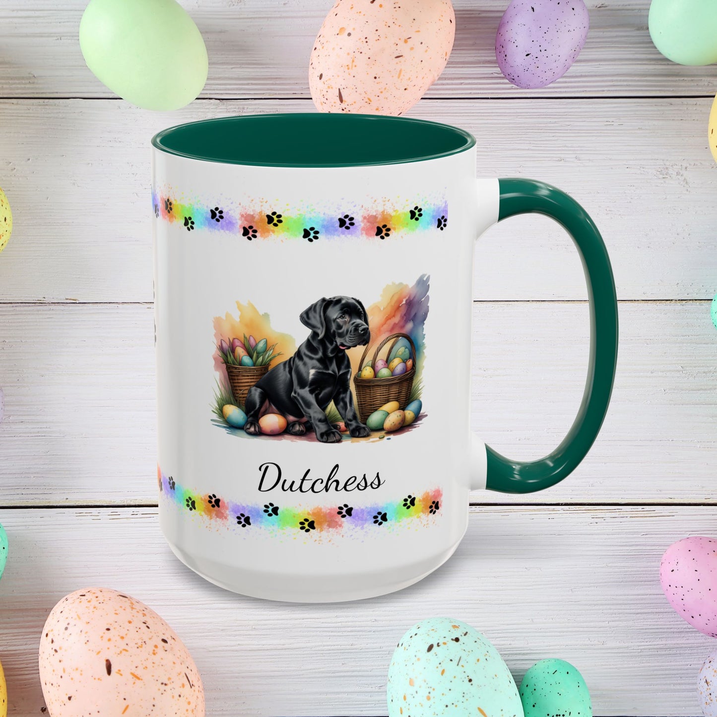 Great Dane Black Easter puppy coffee mug, personalized cute dog gift for mental health support and cozy sipping