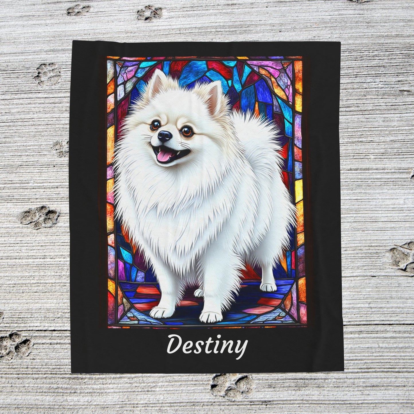 Pomeranian White Coat Blanket, Velveteen Plush Stained Glass Dog Throw, Custom Pet Lover Gift