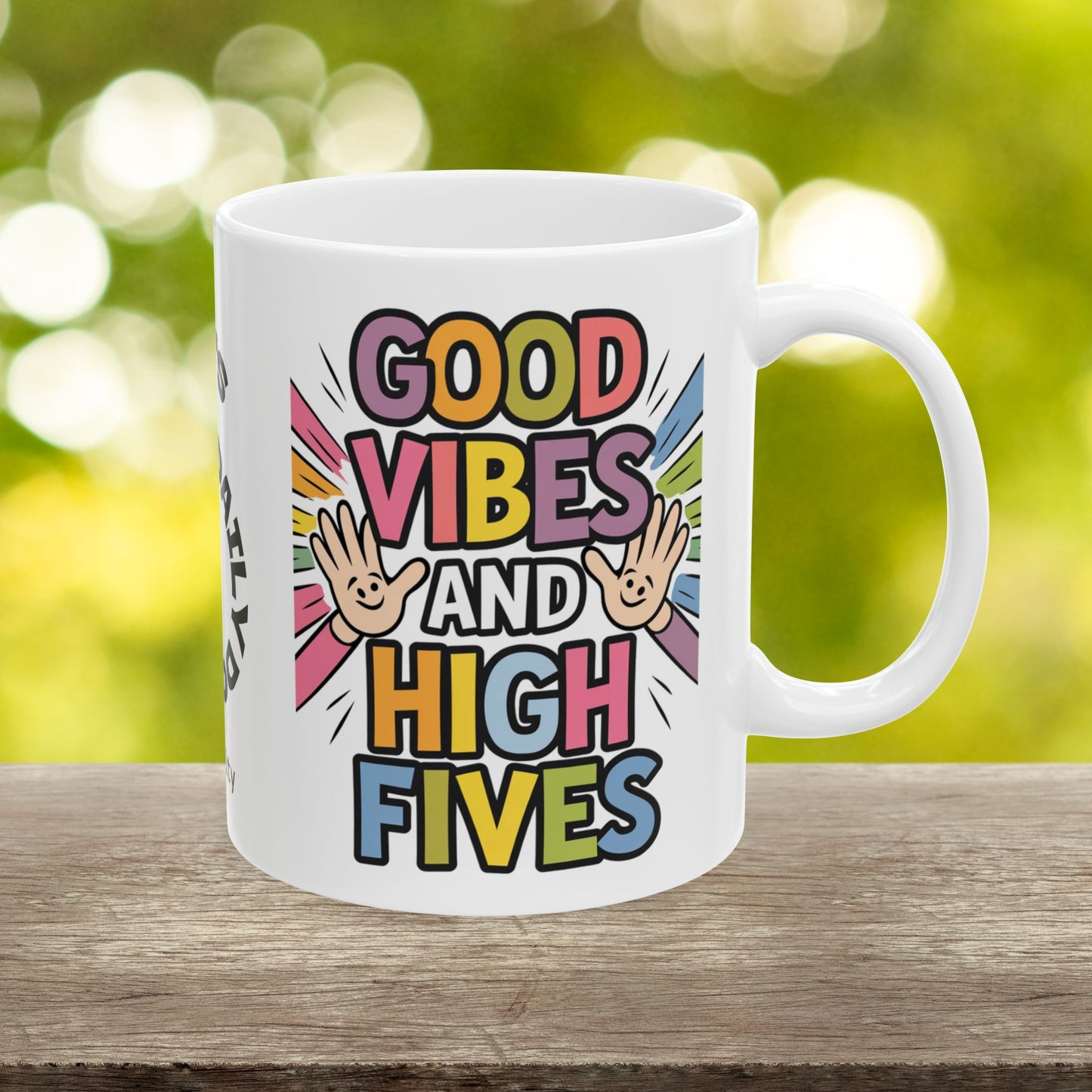 "Good Vibes And High Fives" funny mental health mug, personalized ceramic cup with anxiety relief and positive affirmations.