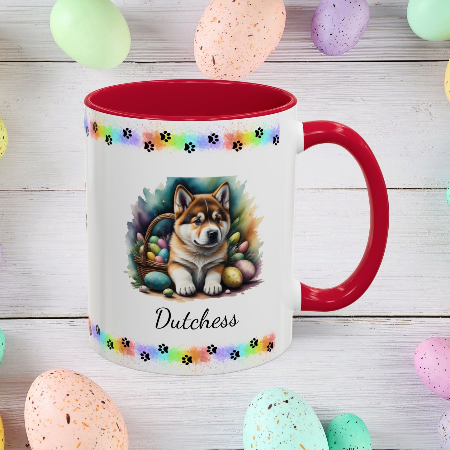 Akita personalized Easter puppy mug, cute dog coffee cup gift for mental health awareness and cozy sipping