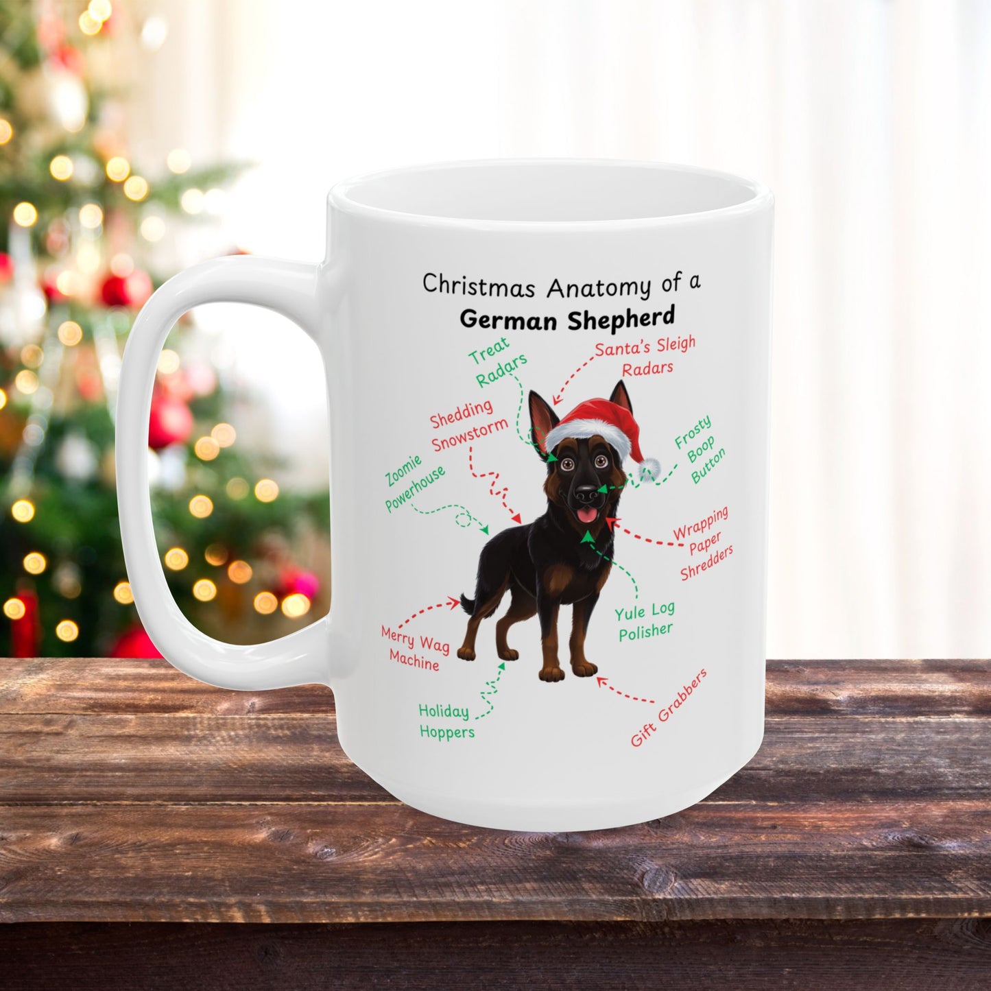 German Shepherd Bi-Color personalized Christmas coffee mug, festive dog anatomy gift