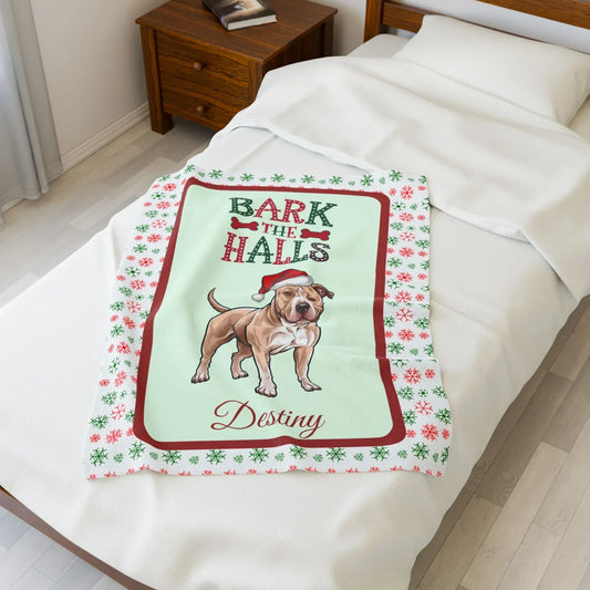 Shop our pitbull fawn personalized velveteen plush blanket bark the halls featuring the 50" × 60" style option from MySisterIsASurvivor.