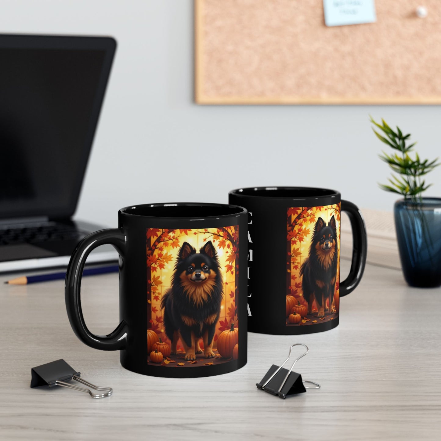 Black & Tan Pomeranian autumn coffee mug, personalized dog lover gift for cozy fall sipping