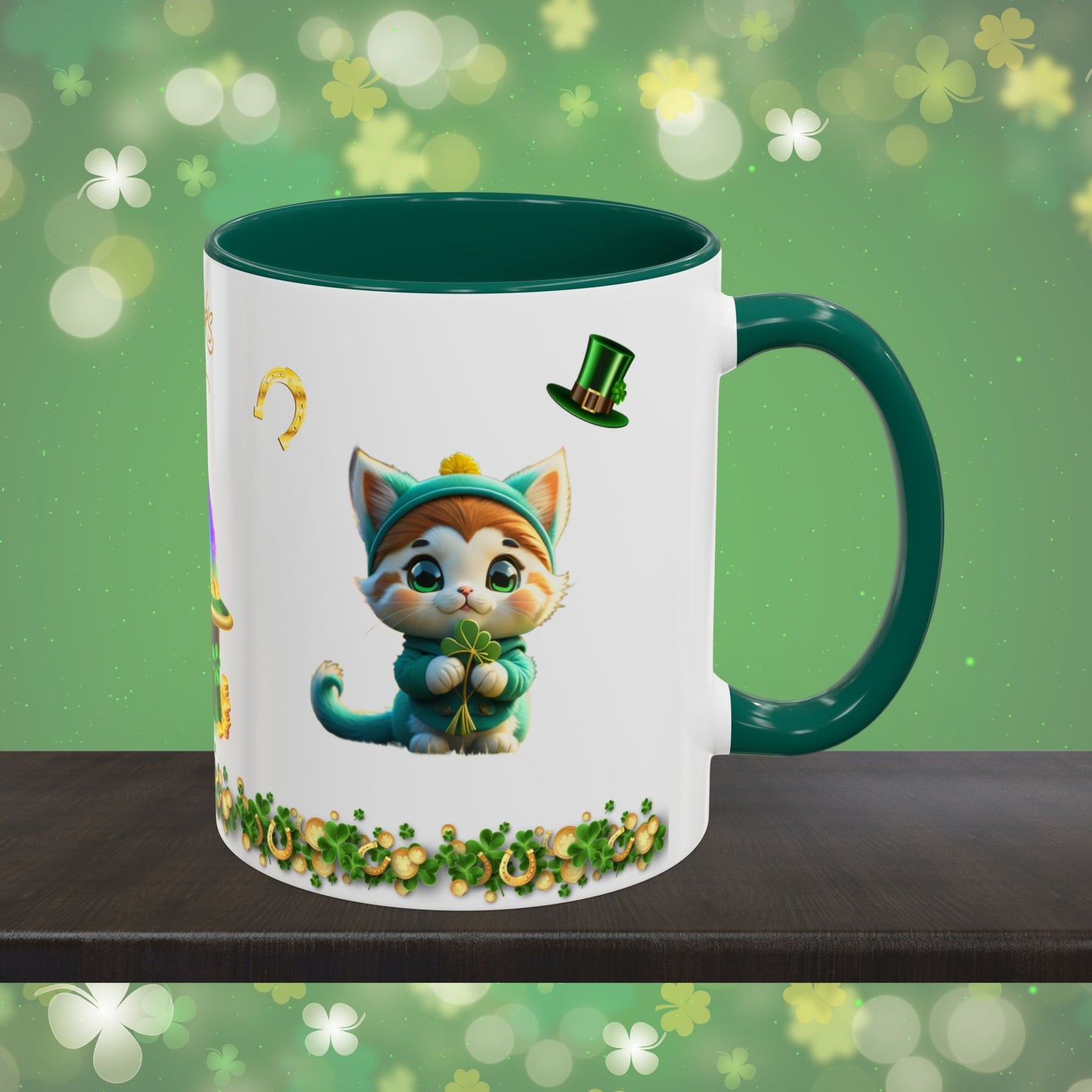 Serene Shamrock Kitty: St. Patrick's Day Two-Tone Coffee Mug - Festive Ceramic Mug for Positivity & Mindfulness