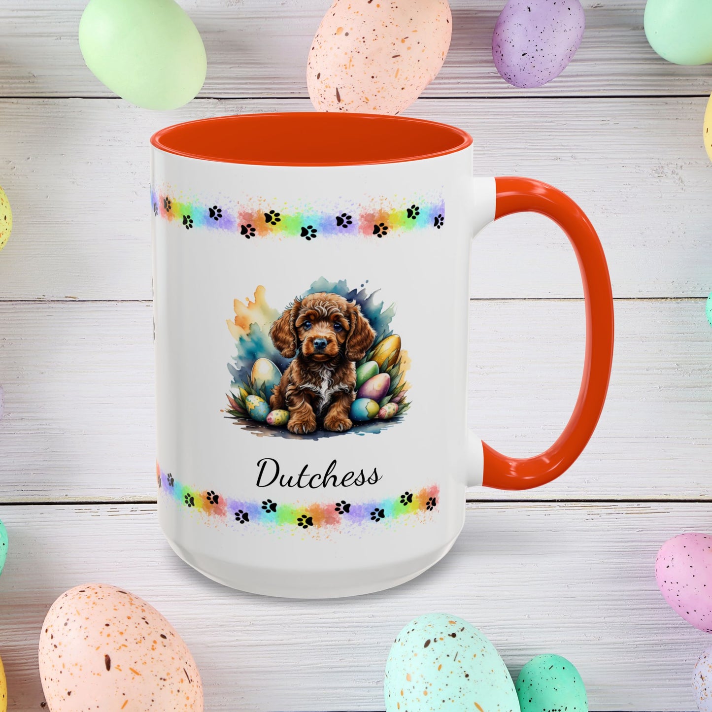 Cute brown Poodle Easter puppy coffee mug personalized dog lover gift, ideal for self-care and relaxation this Easter.