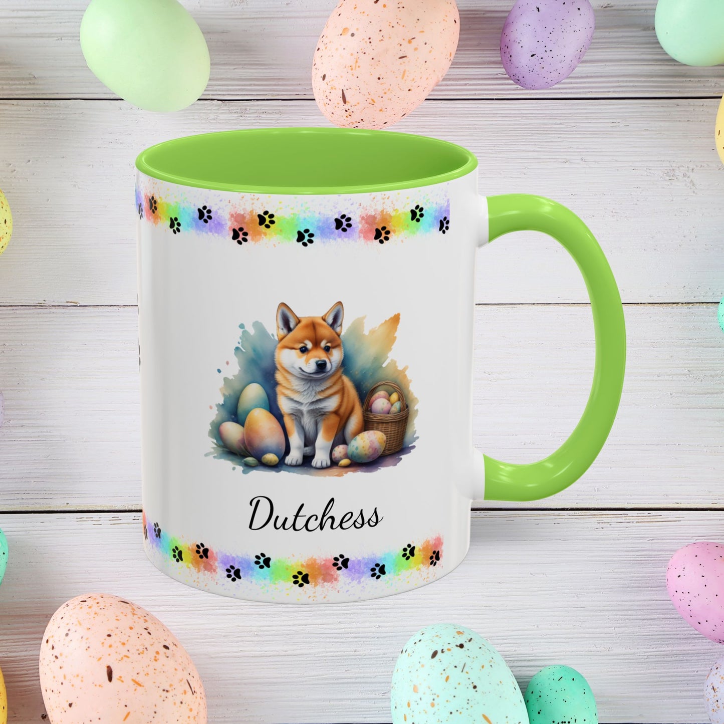 Shiba Inu Easter puppy coffee mug personalized for dog lovers, perfect for mental health support and Easter happiness.