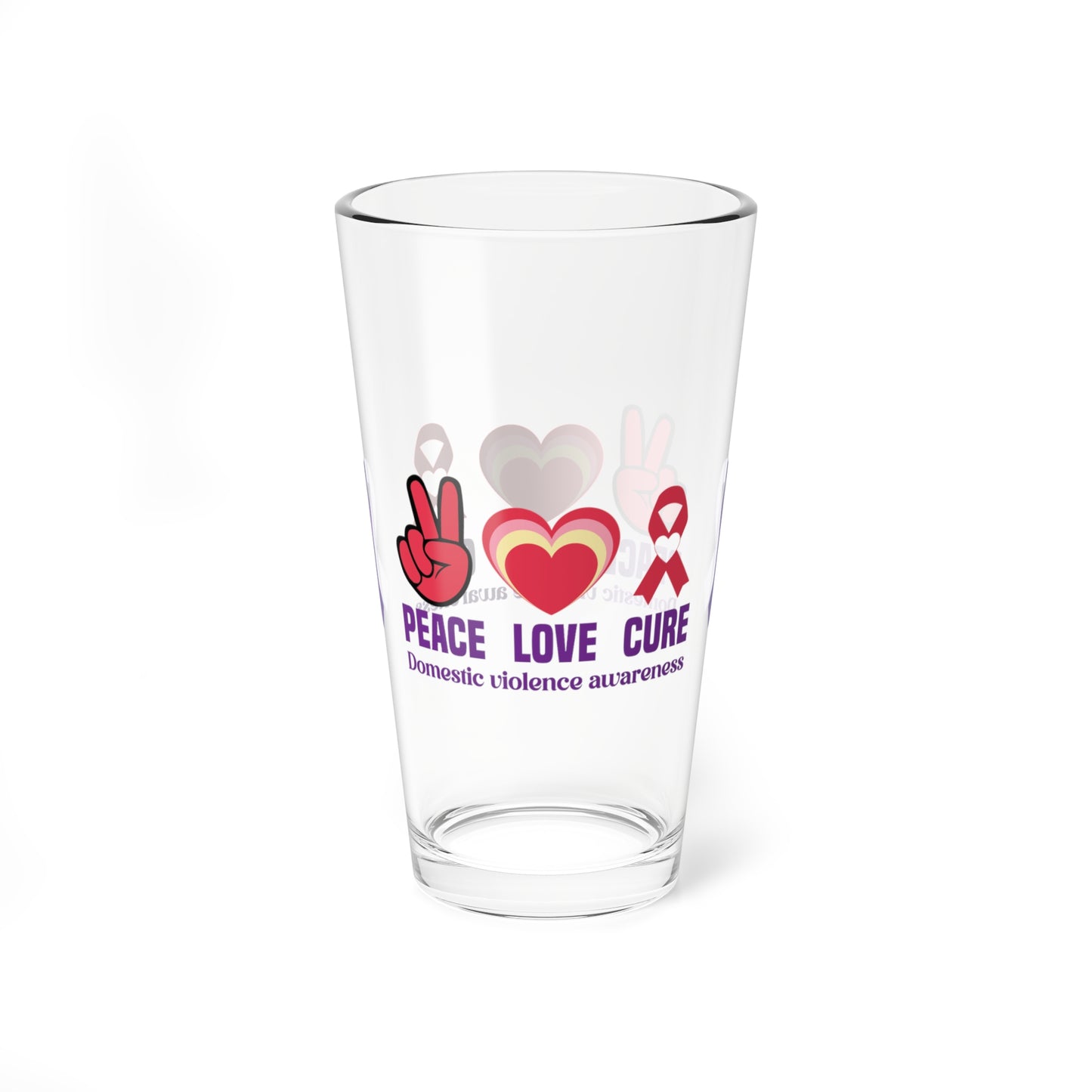 Peace Love Cure Domestic Violence Awareness pint glass with heart and ribbon