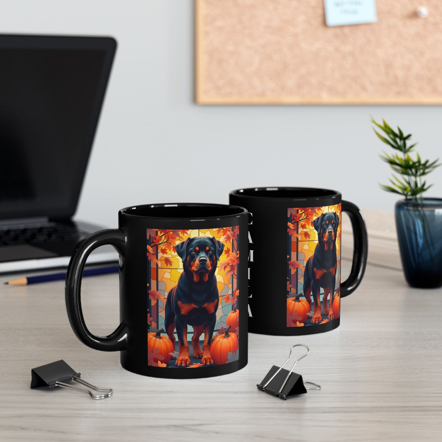 Black and Rust Rottweiler personalized mug with autumn leaves, custom coffee cup for dog lovers and cozy fall gift