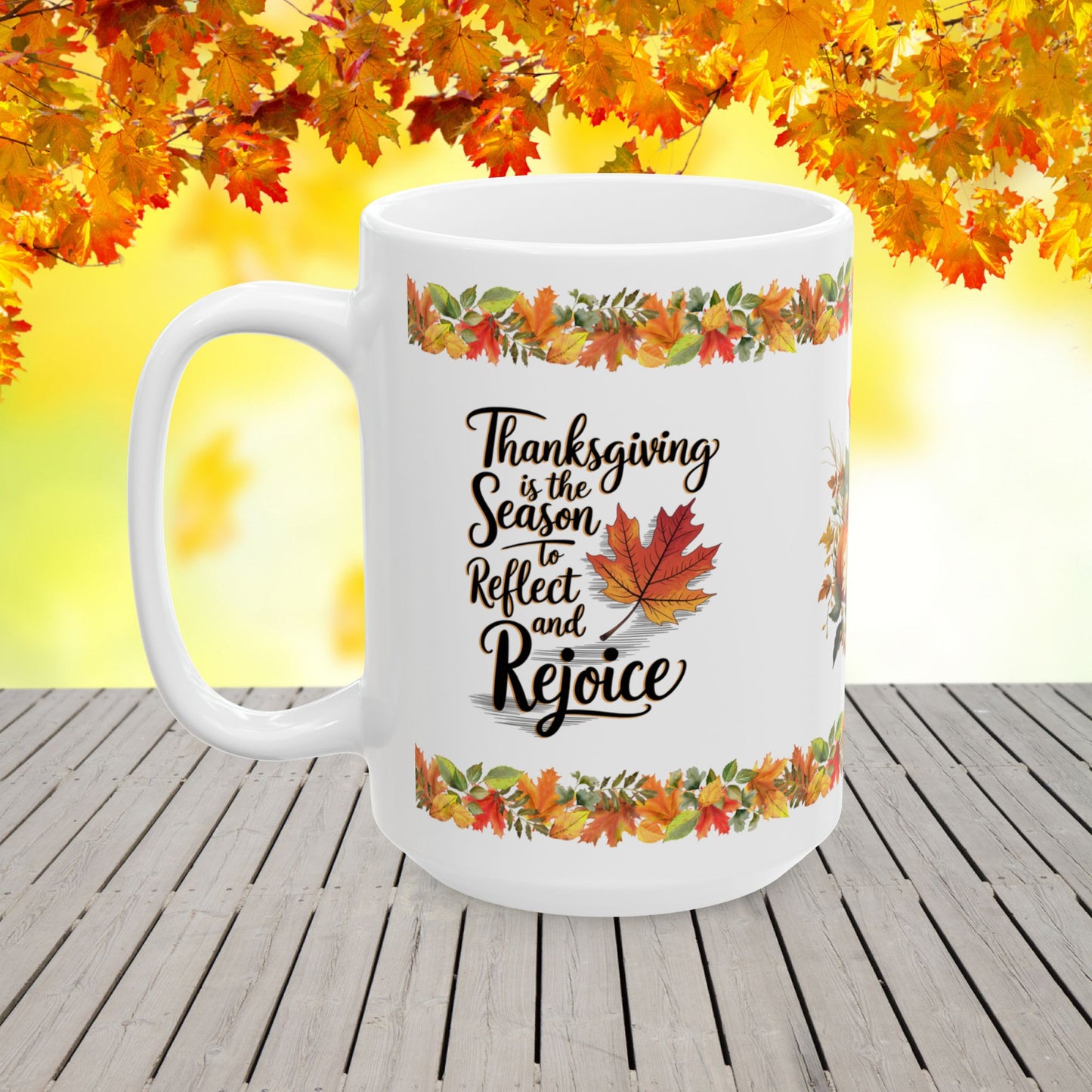 Thanksgiving Ceramic Mug with Reflect and Rejoice Message for a Grateful Holiday Season