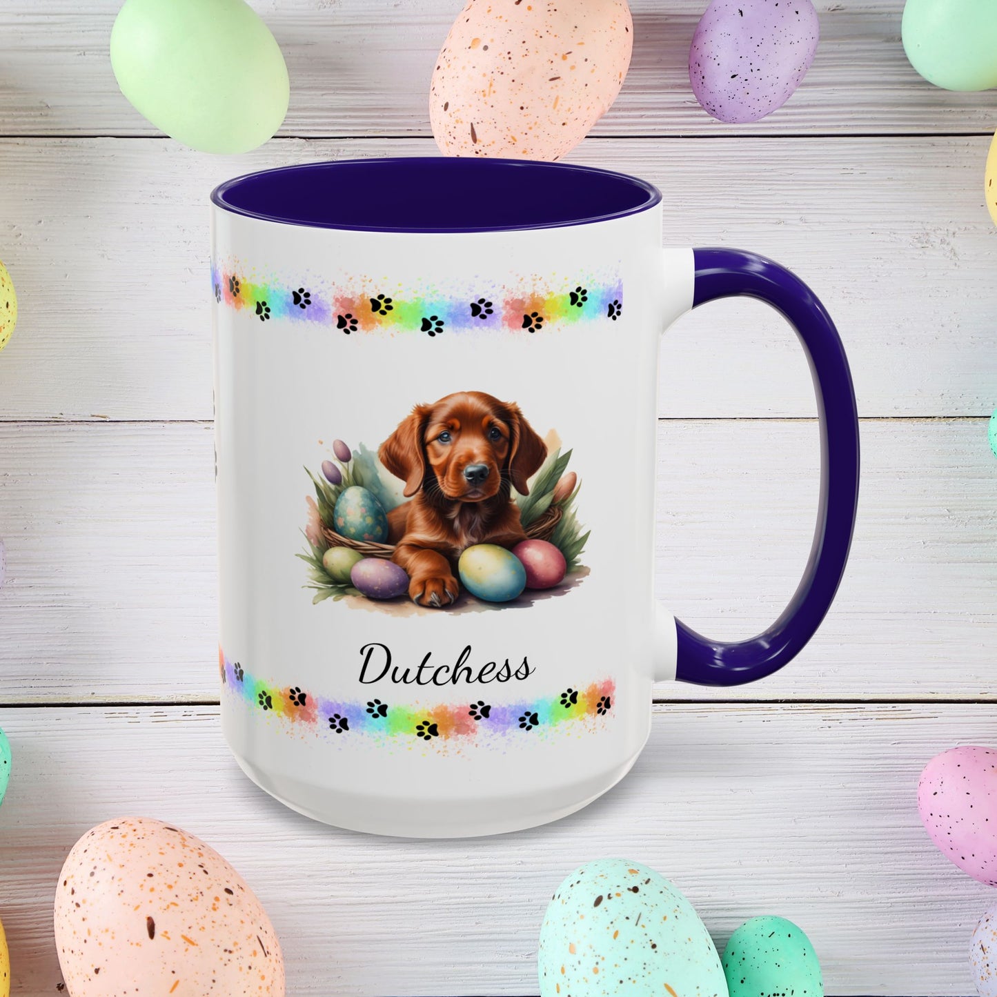 Irish Setter Easter puppy coffee mug, personalized cute dog gift for mental health support and cozy mornings