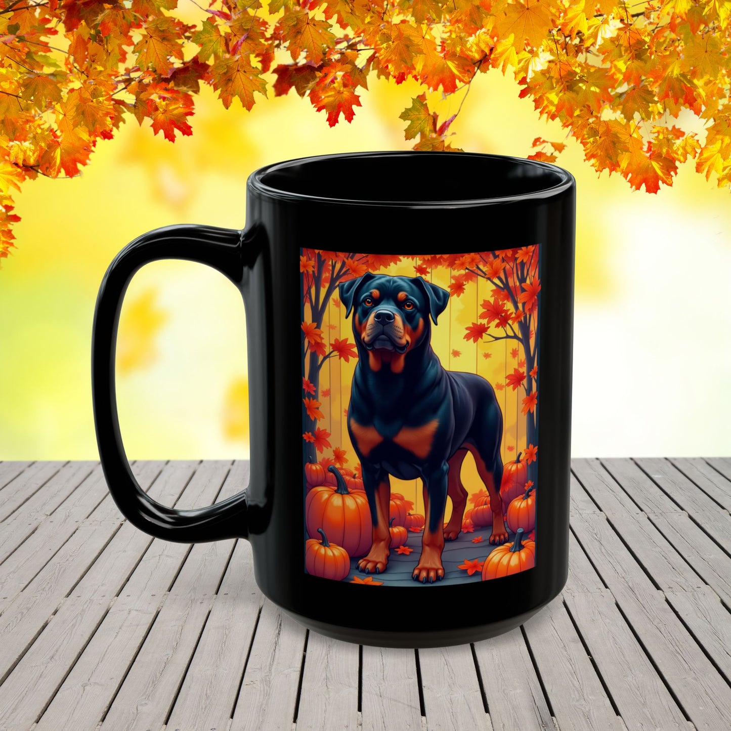 Black and mahogany Rottweiler dog in autumn leaves on a custom ceramic coffee mug.