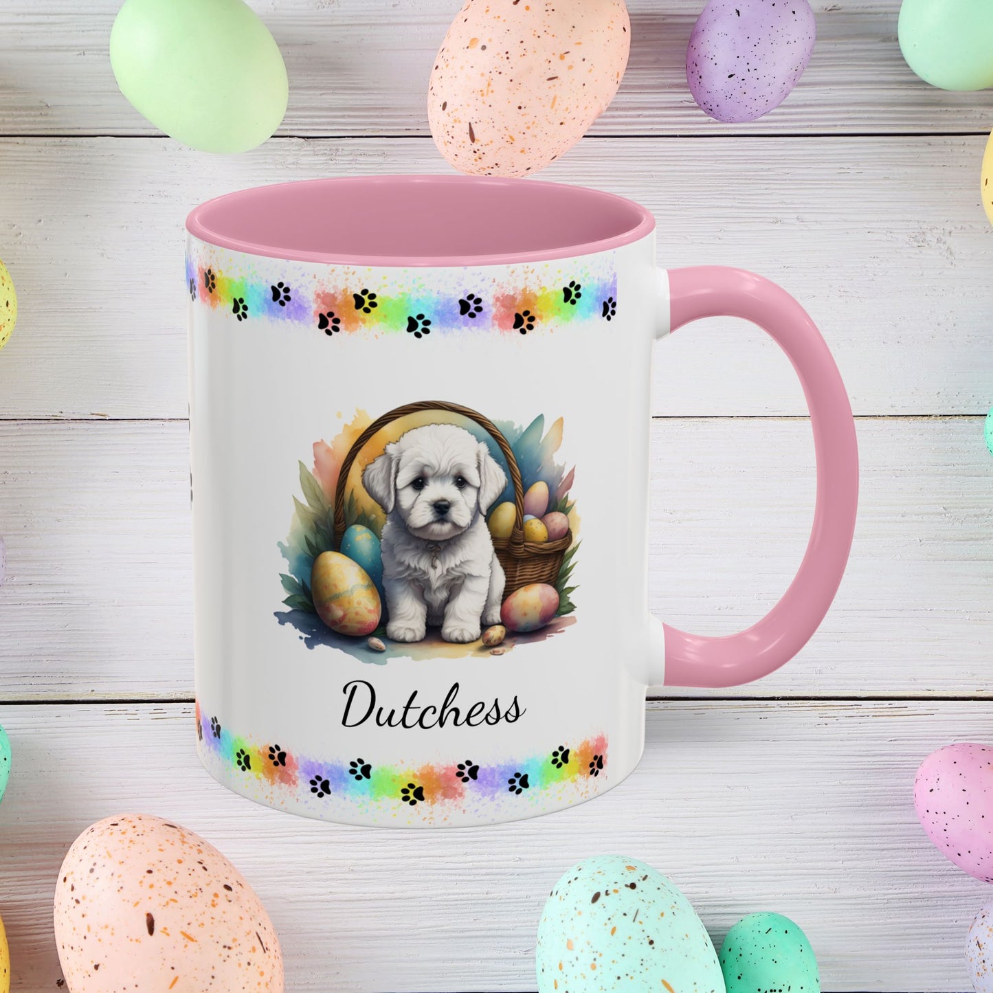 Bichon Frise personalized Easter puppy mug, cute dog coffee cup gift for mental health awareness and comfort