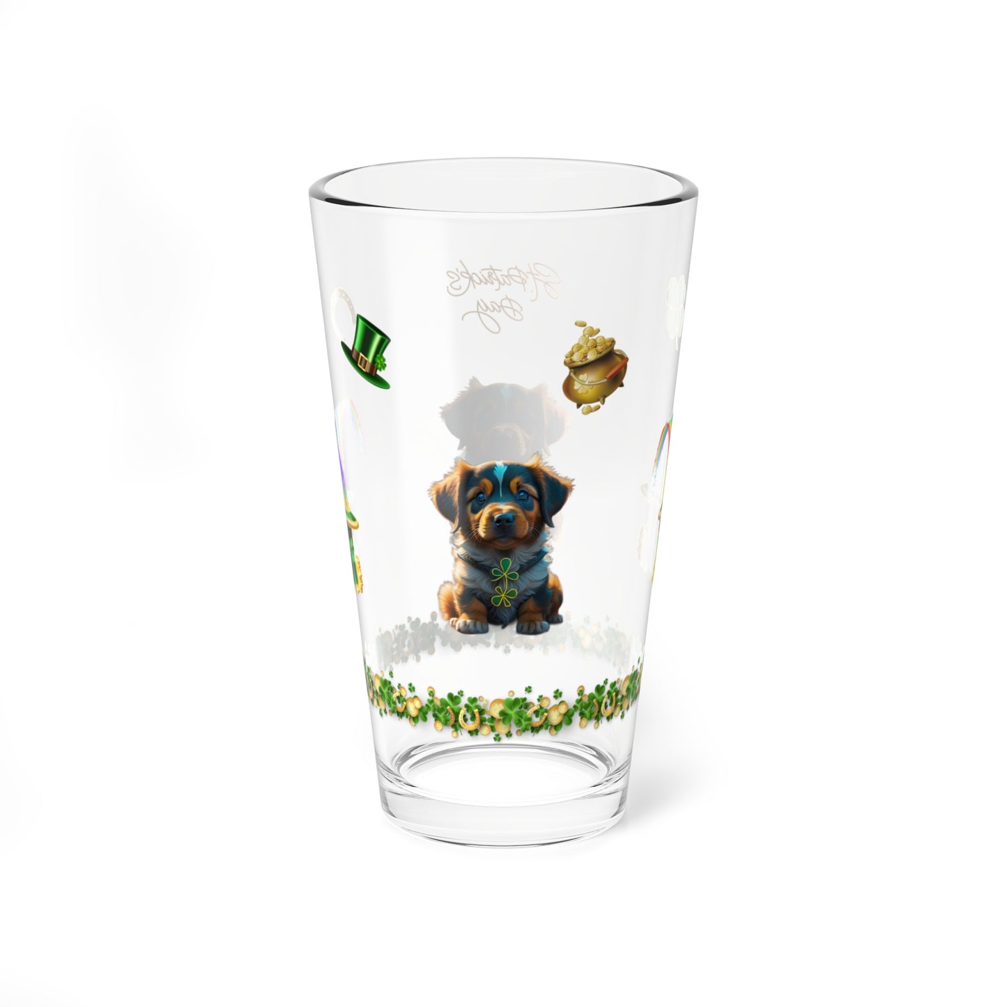 Pup-tastic Serenity: Mindful St. Patrick's Day 16oz Pint Glasses - Festive Design for Positivity & Wellness