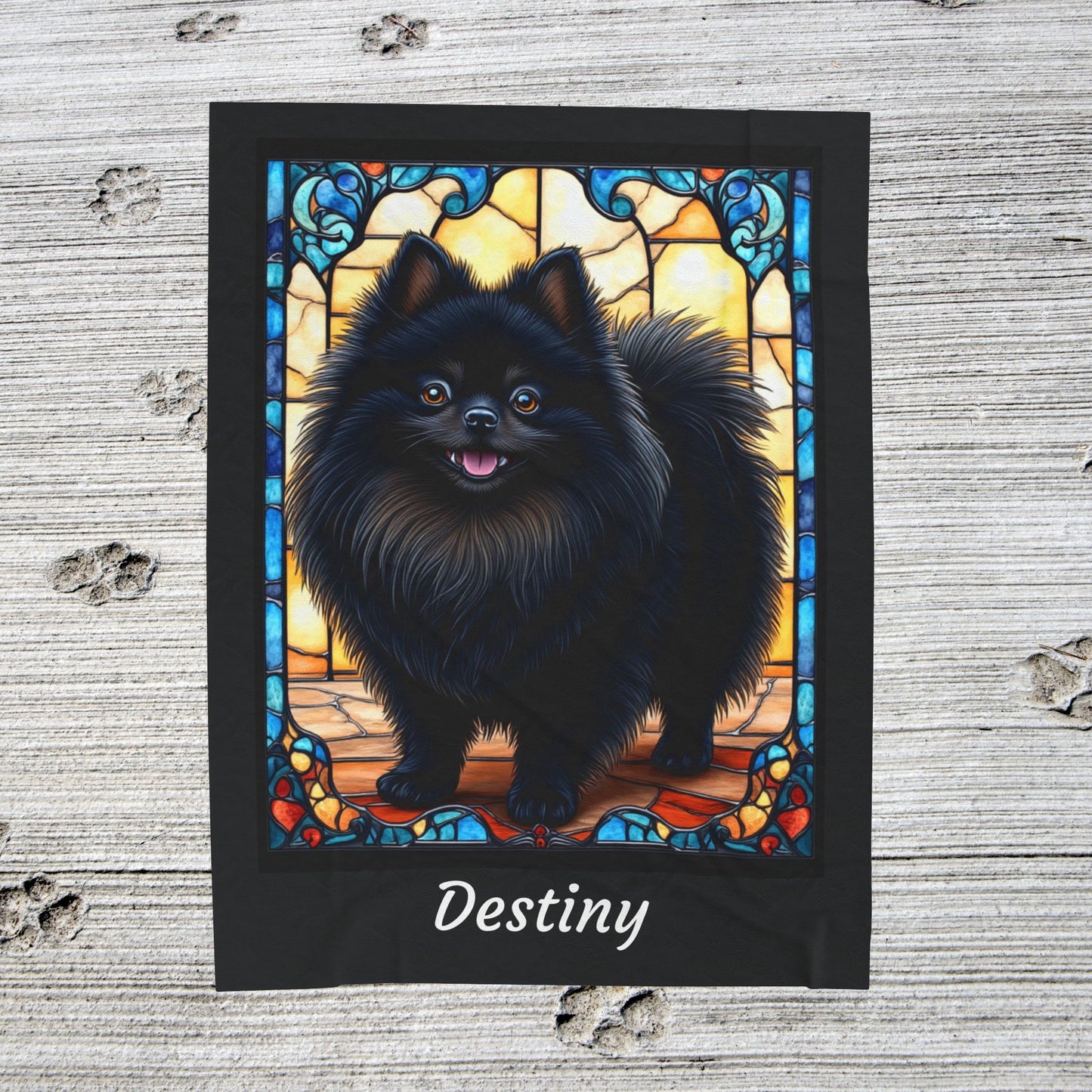 Pomeranian Black Coat Blanket, Velveteen Plush Stained Glass Dog Throw, Custom Gift for Humans