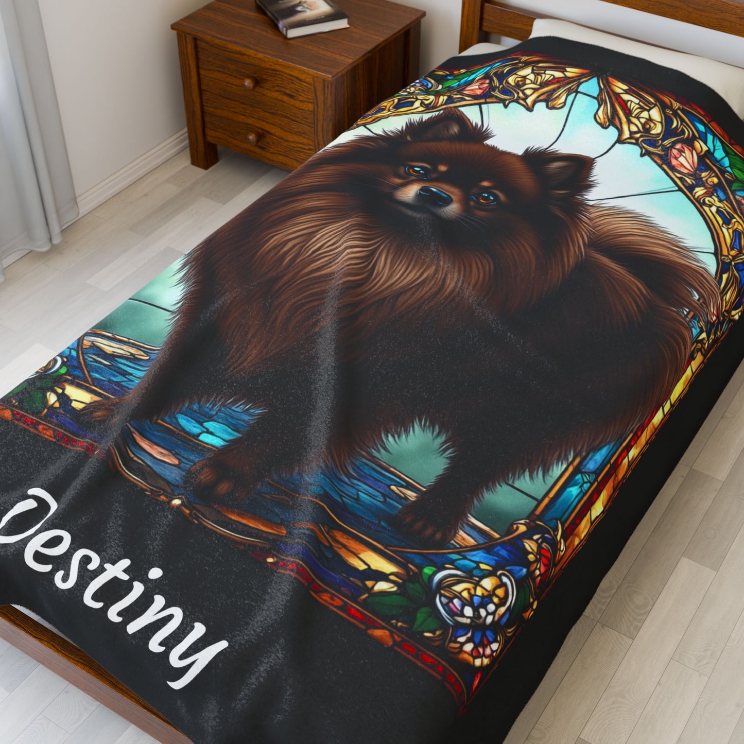 Pomeranian Chocolate Coat Blanket, Velveteen Plush Stained Glass Dog Art Throw, Custom Gift for Humans