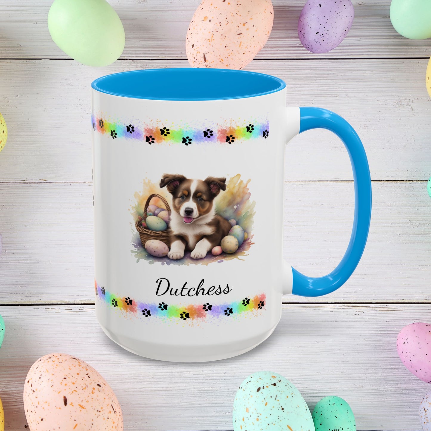 Border Collie Brown & White personalized Easter puppy mug, cute dog coffee cup, mental health awareness gift