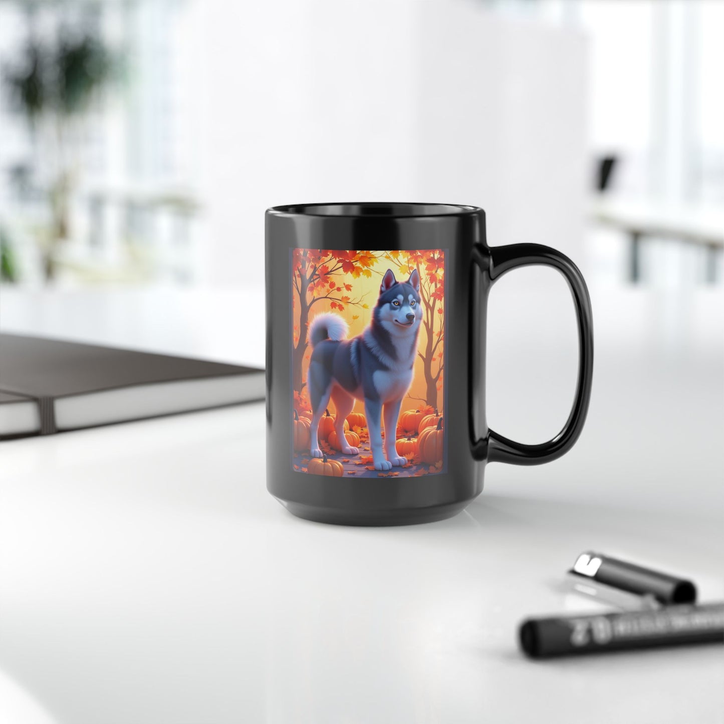 Dark Grey Siberian Husky (Amber Eyes) autumn coffee mug, personalized gift for Husky lovers this fall