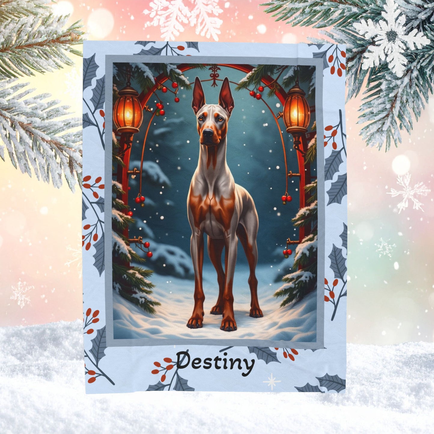 Doberman Fawn and Rust custom winter throw showing a proud Doberman in a cheerful snow-covered lodge setting