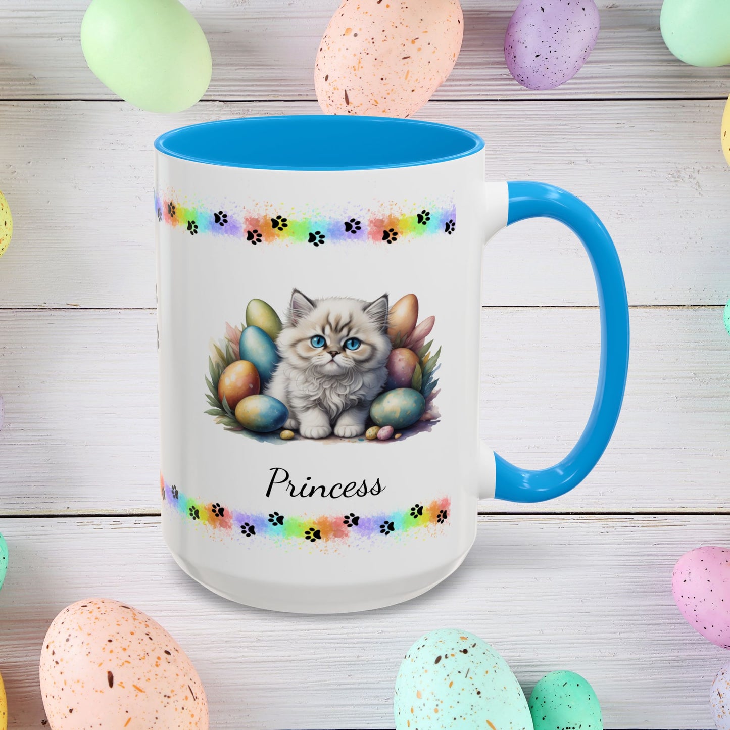Persian Easter kitten coffee mug, personalized cute cat gift, mental health support and festive drinkware