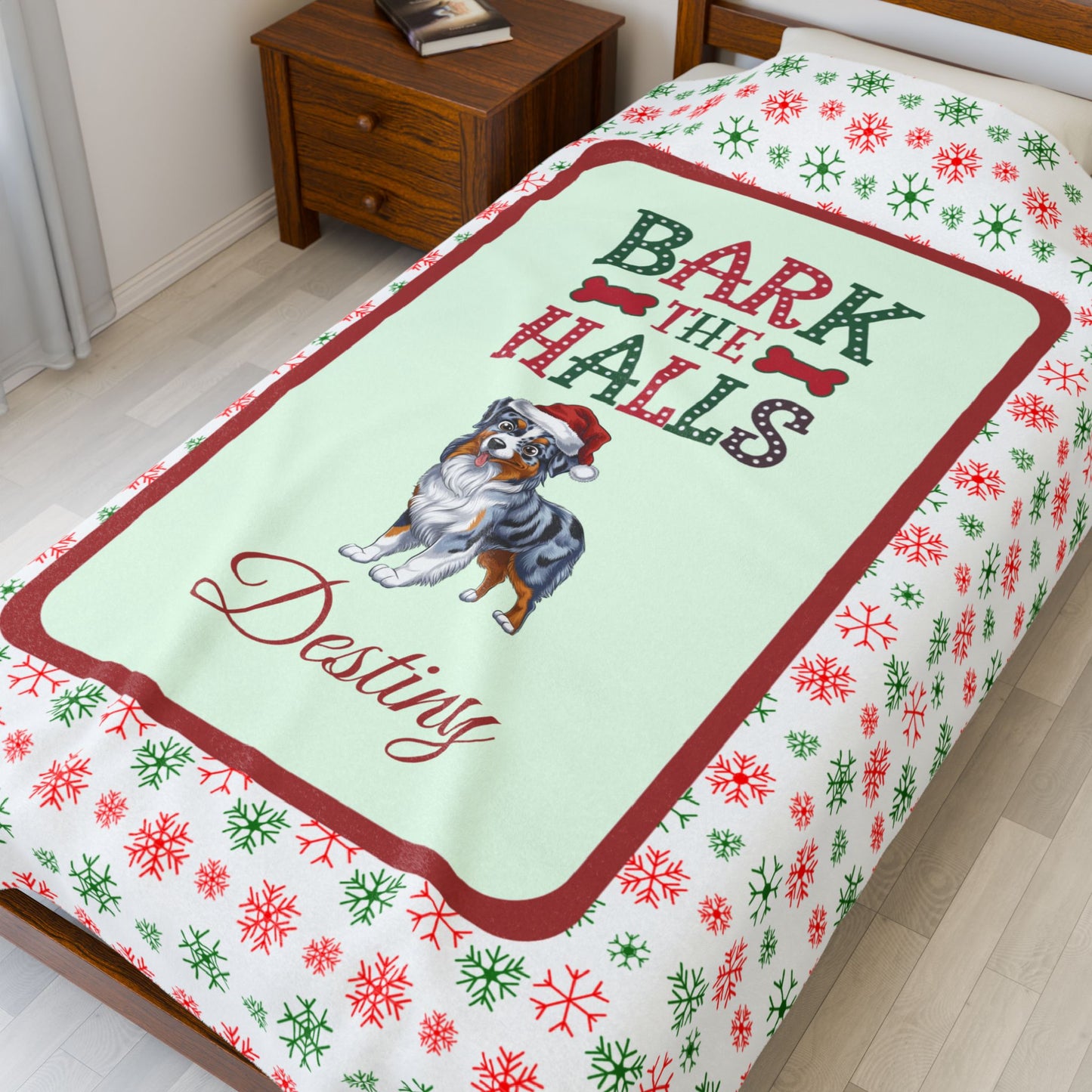 Australian Shepherd (Blue Merle) Personalized Velveteen Plush Blanket - "Bark The Halls" | Cozy Holiday Gift for Dog Lovers