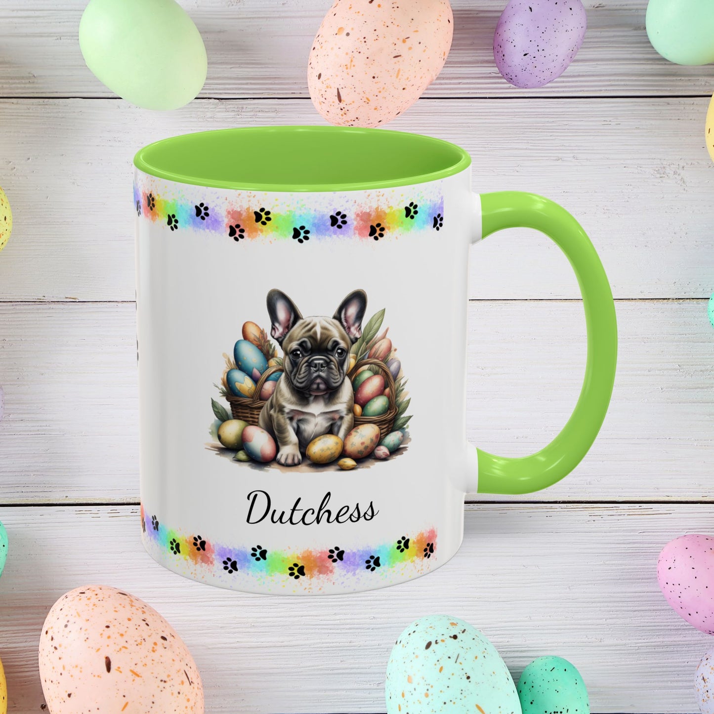 French Bulldog Brindle Easter puppy coffee mug, personalized cute dog gift for mental health support and comfort